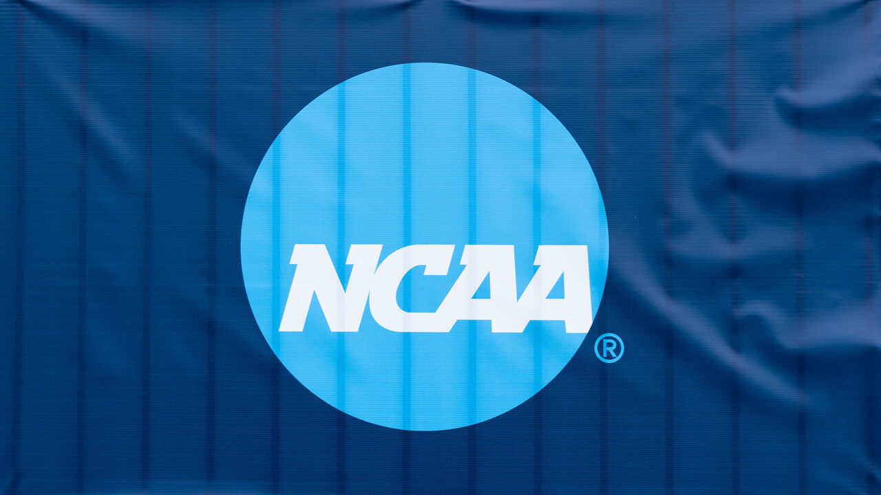 MATTHEWS, NORTH CAROLINA - DECEMBER 9: The NCAA logo is shown on a banner before the Point Loma Sea Lions take on the Washburn Ichabods during the Division II Women's Soccer Championship held at Sportsplex Matthews on December 9, 2023 in Matthews, North Carolina.