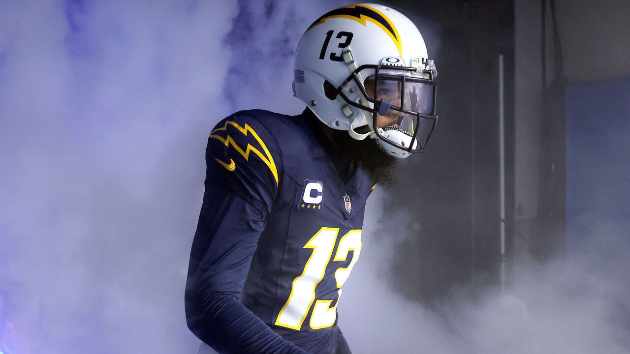 INGLEWOOD, CALIFORNIA - NOVEMBER 26: Keenan Allen #13 of the Los Angeles Chargers runs onto the field during team introductions prior to the game against the Baltimore Ravens at SoFi Stadium on November 26, 2023 in Inglewood, California.