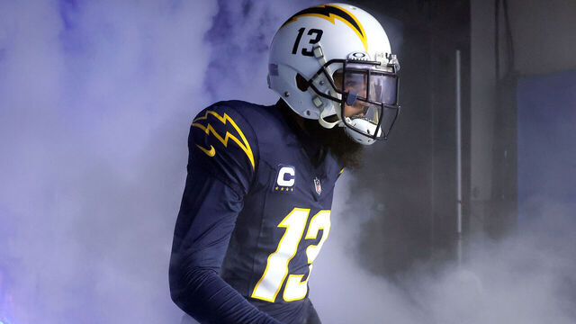 INGLEWOOD, CALIFORNIA - NOVEMBER 26: Keenan Allen #13 of the Los Angeles Chargers runs onto the field during team introductions prior to the game against the Baltimore Ravens at SoFi Stadium on November 26, 2023 in Inglewood, California.