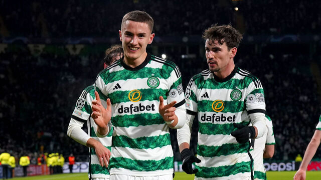Celtic's Gustaf Lagerbielke celebrates after scoring their side's second goal of the game during the UEFA Champions League, Group E match at Celtic Park, Glasgow. Picture date: Wednesday December 13, 2023.