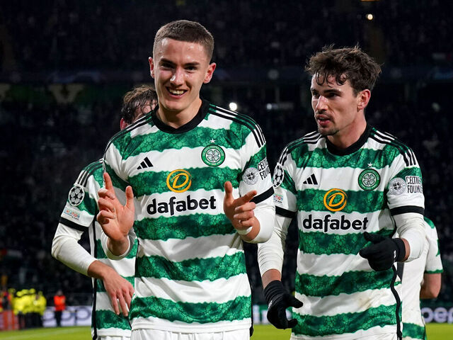 Celtic's Gustaf Lagerbielke celebrates after scoring their side's second goal of the game during the UEFA Champions League, Group E match at Celtic Park, Glasgow. Picture date: Wednesday December 13, 2023.