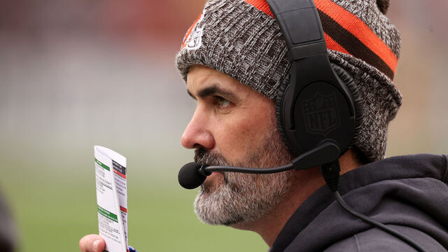 CLEVELAND, OHIO - DECEMBER 10: Cleveland Browns head coach Kevin Stefanski looks on during the first quarter against the Jacksonville Jaguars at Cleveland Browns Stadium on December 10, 2023 in Cleveland, Ohio.