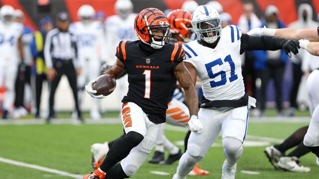 CINCINNATI, OH - DECEMBER 10: Cincinnati Bengals wide receiver Ja'Marr Chase (1) carries the ball during the game against the Indianapolis Colts and the Cincinnati Bengals on December 10, 2023, at Paycor Stadium in Cincinnati, OH.