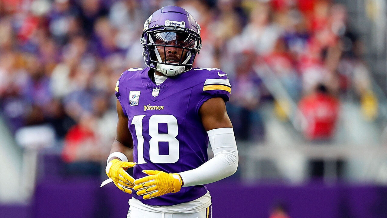 MINNEAPOLIS, MINNESOTA - OCTOBER 08: Justin Jefferson #18 of the Minnesota Vikings looks on against the Kansas City Chiefs in the first half at U.S. Bank Stadium on October 08, 2023 in Minneapolis, Minnesota. The Chiefs defeated the Vikings 27-20.
