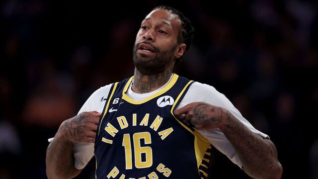 NEW YORK, NEW YORK - APRIL 09: James Johnson #16 of the Indiana Pacers reacts against the New York Knicks at Madison Square Garden on April 09, 2023 in New York City.