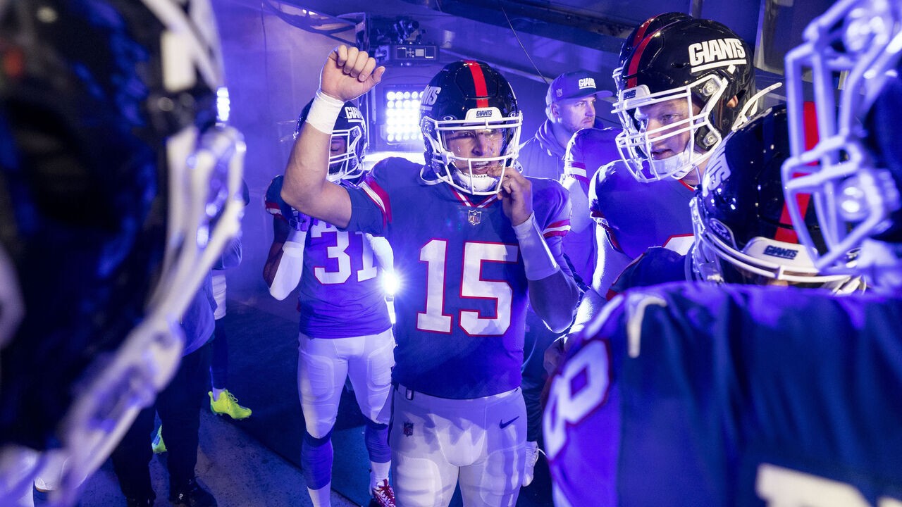 EAST RUTHERFORD, NEW JERSEY - DECEMBER 11: Tommy DeVito #15 of the New York Giants looks on in the tunnel prior to an NFL football game between the New York Giants and the Green Bay Packers at MetLife Stadium on December 11, 2023 in East Rutherford, New Jersey.