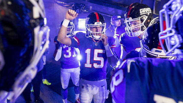 EAST RUTHERFORD, NEW JERSEY - DECEMBER 11: Tommy DeVito #15 of the New York Giants looks on in the tunnel prior to an NFL football game between the New York Giants and the Green Bay Packers at MetLife Stadium on December 11, 2023 in East Rutherford, New Jersey.