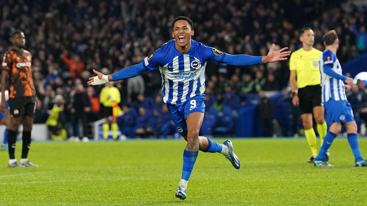 Brighton and Hove Albion's Joao Pedro celebrates scoring their side's first goal of the game during the UEFA Europa League group B match at the American Express Stadium, Brighton. Picture date: Thursday December 14, 2023.