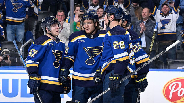 ST. LOUIS, MO - DECEMBER 14: Robert Thomas #18 of the St. Louis Blues is congratulated after scoring a goal against the Ottawa Senators on December 14, 2023 at the Enterprise Center in St. Louis, Missouri.