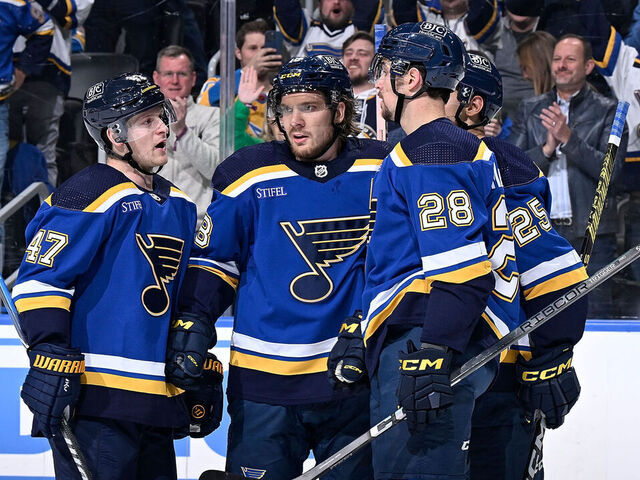 ST. LOUIS, MO - DECEMBER 14: Robert Thomas #18 of the St. Louis Blues is congratulated after scoring a goal against the Ottawa Senators on December 14, 2023 at the Enterprise Center in St. Louis, Missouri.