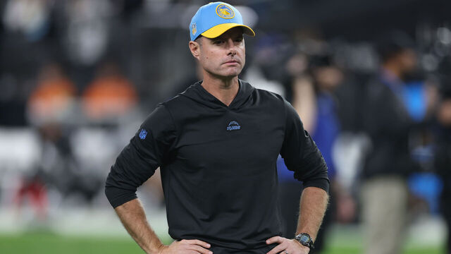 LAS VEGAS, NEVADA - DECEMBER 14: Head coach Brandon Staley of the Los Angeles Chargers looks on before playing against the Las Vegas Raiders at Allegiant Stadium on December 14, 2023 in Las Vegas, Nevada.