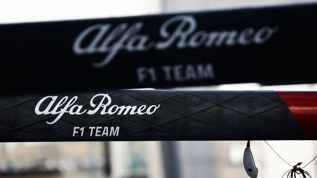 Alfa Romeo logo during the Formula 1 post-season test at Yas Marina Circuit in Abu Dhabi, United Arab Emirates on November 28, 2023.