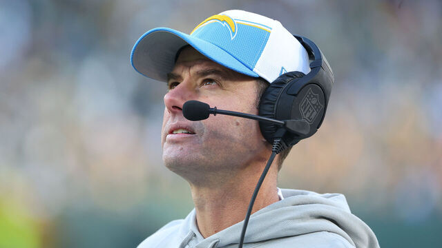 GREEN BAY, WISCONSIN - NOVEMBER 19: Head coach Brandon Staley of the Los Angeles Chargers looks on in the third quarter against the Green Bay Packers at Lambeau Field on November 19, 2023 in Green Bay, Wisconsin.