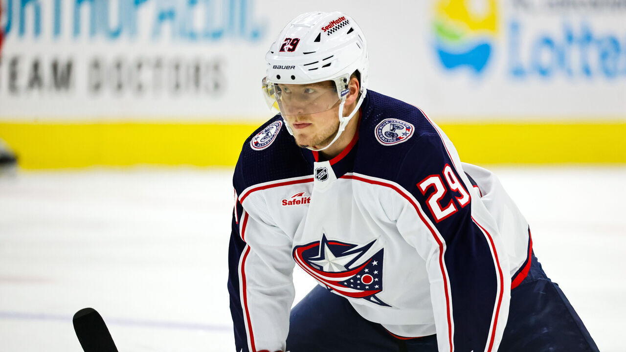 RALEIGH, NC - NOVEMBER 26: Patrik Laine #29 of the Columbus Blue Jackets looks on during the warmups of the game against the Carolina Hurricanes at PNC Arena on November 26, 2023 in Raleigh, North Carolina.