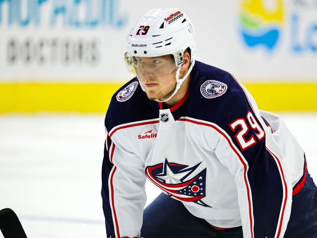 RALEIGH, NC - NOVEMBER 26: Patrik Laine #29 of the Columbus Blue Jackets looks on during the warmups of the game against the Carolina Hurricanes at PNC Arena on November 26, 2023 in Raleigh, North Carolina.