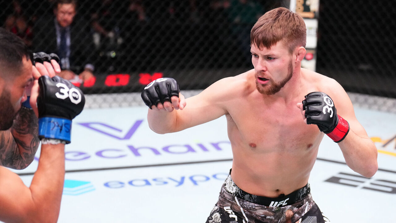 LAS VEGAS, NEVADA - SEPTEMBER 23: (R-L) Bryce Mitchell battles Dan Ige in a featherweight fight during the UFC Fight Night event at UFC APEX on September 23, 2023 in Las Vegas, Nevada.