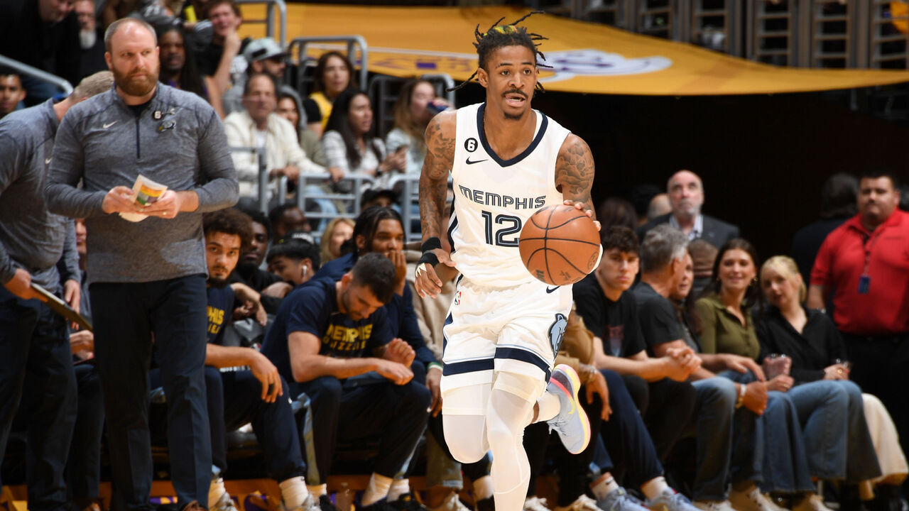 LOS ANGELES, CA - APRIL 28: Ja Morant #12 of the Memphis Grizzlies moves the ball during Round 1 Game 6 of the 2023 NBA Playoffs on April 28, 2023 at Crypto.Com Arena in Los Angeles, California. NOTE TO USER: User expressly acknowledges and agrees that, by downloading and/or using this Photograph, user is consenting to the terms and conditions of the Getty Images License Agreement. Mandatory Copyright Notice: Copyright 2023 NBAE