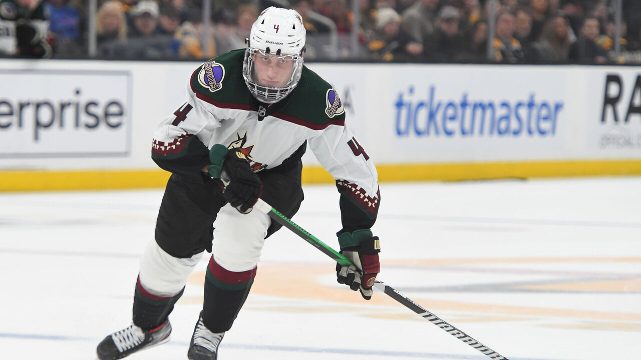BOSTON, MASSACHUSETTS - DECEMBER 9: Juuso Valimaki #4 of the Arizona Coyotes skates against the Boston Bruins on December 9, 2023 at the TD Garden in Boston, Massachusetts.