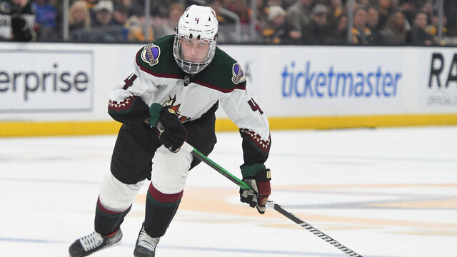 BOSTON, MASSACHUSETTS - DECEMBER 9: Juuso Valimaki #4 of the Arizona Coyotes skates against the Boston Bruins on December 9, 2023 at the TD Garden in Boston, Massachusetts.