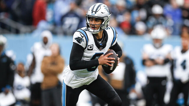 NASHVILLE, TENNESSEE - NOVEMBER 26: Bryce Young #9 of the Carolina Panthers attempts a pass during the third quarter against the Tennessee Titans at Nissan Stadium on November 26, 2023 in Nashville, Tennessee.