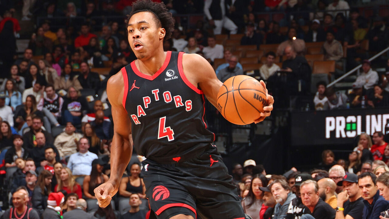 TORONTO, CANADA - DECEMBER 15: Scottie Barnes #4 of the Toronto Raptors dribbles the ball during the game against the Atlanta Hawks on December 15, 2023 at the Scotiabank Arena in Toronto, Ontario, Canada. Mandatory Copyright Notice: Copyright 2023 NBAE