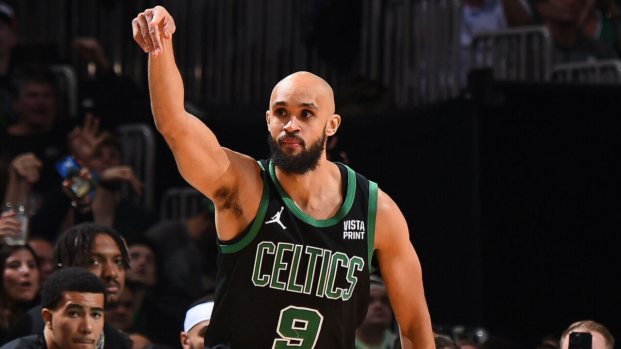 BOSTON, MA - DECEMBER 15: Derrick White #9 of the Boston Celtics celebrates three point basket during the game against the Orlando Magic on December 15, 2023 at the TD Garden in Boston, Massachusetts. Mandatory Copyright Notice: Copyright 2023 NBAE