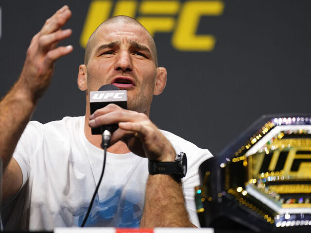 LAS VEGAS, NEVADA - DECEMBER 15: UFC middleweight champion Sean Strickland is seen on stage during the UFC 2024 seasonal press conference at MGM Grand Garden Arena on December 15, 2023 in Las Vegas, Nevada.