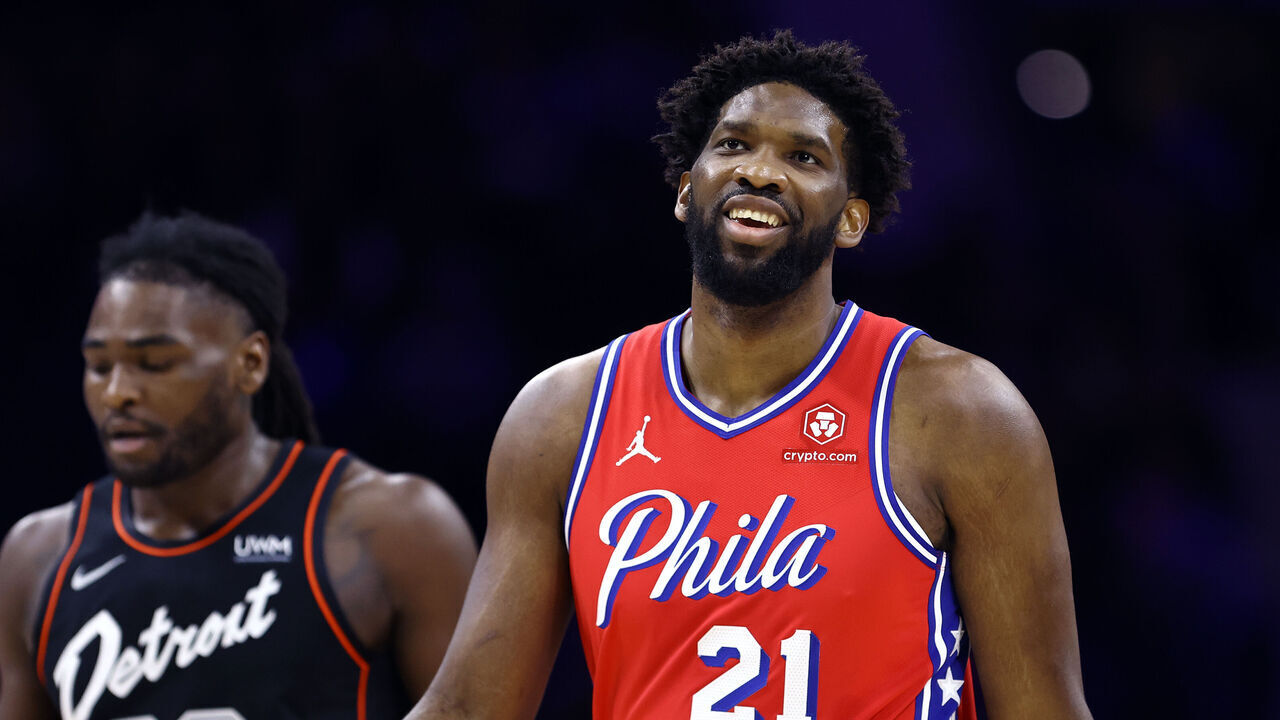 PHILADELPHIA, PENNSYLVANIA - DECEMBER 15: Joel Embiid #21 of the Philadelphia 76ers reacts during the first quarter against the Detroit Pistons at the Wells Fargo Center on December 15, 2023 in Philadelphia, Pennsylvania.