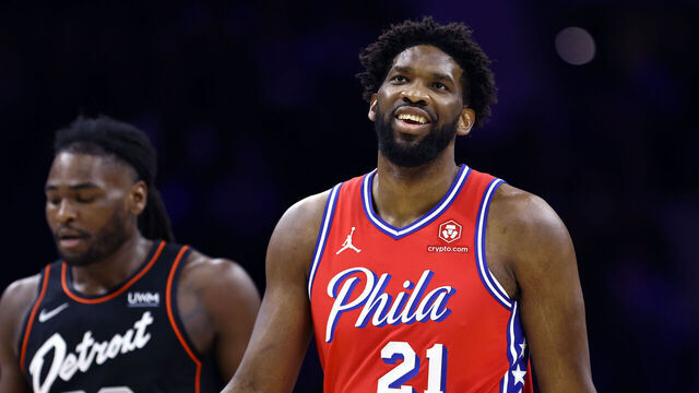 PHILADELPHIA, PENNSYLVANIA - DECEMBER 15: Joel Embiid #21 of the Philadelphia 76ers reacts during the first quarter against the Detroit Pistons at the Wells Fargo Center on December 15, 2023 in Philadelphia, Pennsylvania.