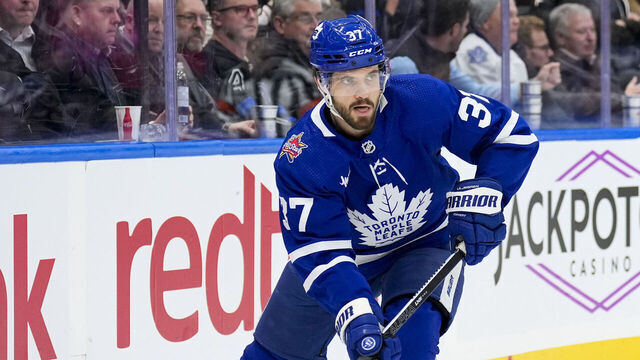 TORONTO, ON - OCTOBER 31: Toronto Maple Leafs defenseman Timothy Liljegren #37 skates against the Los Angeles Kings during the first period at the Scotiabank Arena on October 31, 2023 in Toronto, Ontario, Canada.