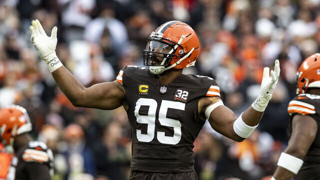 CLEVELAND, OHIO - DECEMBER 10: Myles Garrett #95 of the Cleveland Browns celebrates during the game against the Jacksonville Jaguars at Cleveland Browns Stadium on December 10, 2023 in Cleveland, Ohio. The Browns beat the Jaguars 31-27.