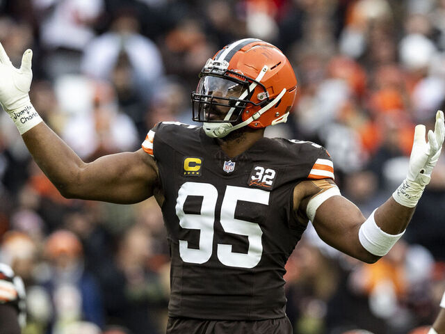 CLEVELAND, OHIO - DECEMBER 10: Myles Garrett #95 of the Cleveland Browns celebrates during the game against the Jacksonville Jaguars at Cleveland Browns Stadium on December 10, 2023 in Cleveland, Ohio. The Browns beat the Jaguars 31-27.