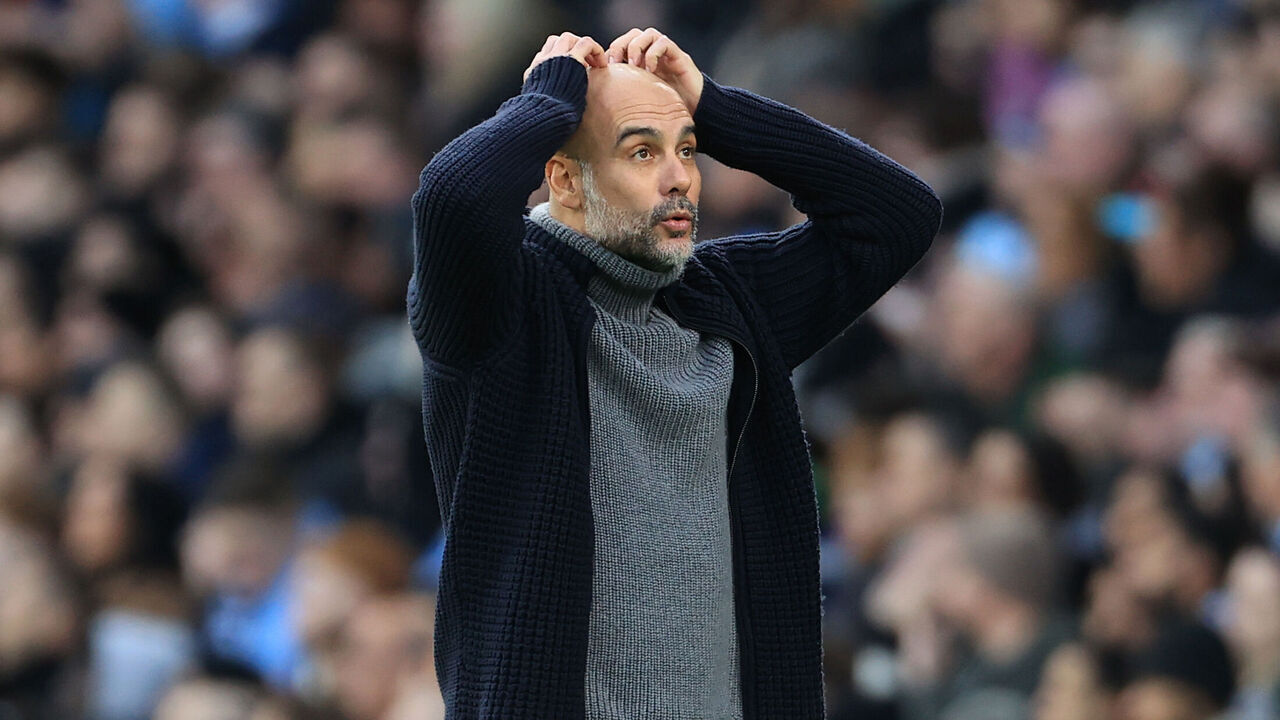 MANCHESTER, ENGLAND - DECEMBER 16: Manchester City manager Pep Guardiola looks dejected during the Premier League match between Manchester City and Crystal Palace at Etihad Stadium on December 16, 2023 in Manchester, England.