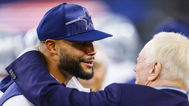 ARLINGTON, TX - AUGUST 26: Dallas Cowboys quarterback Dak Prescott (4) talks with Jerry Jones before the preseason game between the Dallas Cowboys and the Las Vegas Raiders on August 26, 2023 at AT&T Stadium in Arlington, Texas.