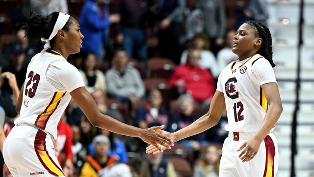 UNCASVILLE, CONNECTICUT - DECEMBER 10: MiLaysia Fulwiley #12 of the South Carolina Gamecocks celebrates with Bree Hall #23 during the game against the Utah Utes at Mohegan Sun Arena on December 10, 2023 in Uncasville, Connecticut.
