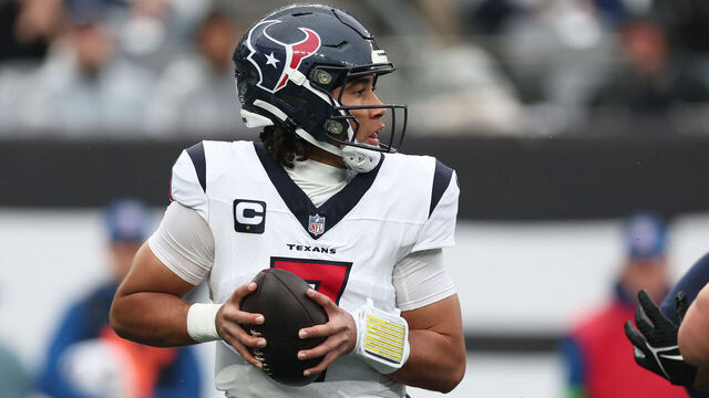 EAST RUTHERFORD, NEW JERSEY - DECEMBER 10: C.J. Stroud #7 of the Houston Texans looks to pass during the first quarter in the game against the New York Jets at MetLife Stadium on December 10, 2023 in East Rutherford, New Jersey.