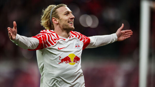 16 December 2023, Saxony, Leipzig: Soccer: Bundesliga, Matchday 15, RB Leipzig - TSG 1899 Hoffenheim at the Red Bull Arena. Leipzig player Emil Forsberg celebrates after scoring to make it 2-1. Photo: Jan Woitas/dpa - IMPORTANT NOTE: In accordance with the regulations of the DFL German Football League and the DFB German Football Association, it is prohibited to utilize or have utilized photographs taken in the stadium and/or of the match in the form of sequential images and/or video-like photo series.