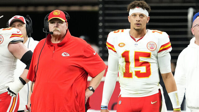 LAS VEGAS, NEVADA - NOVEMBER 26: Head coach Andy Reid and Patrick Mahomes #15 of the Kansas City Chiefs look on during the second quarter of a game against the Las Vegas Raiders at Allegiant Stadium on November 26, 2023 in Las Vegas, Nevada.