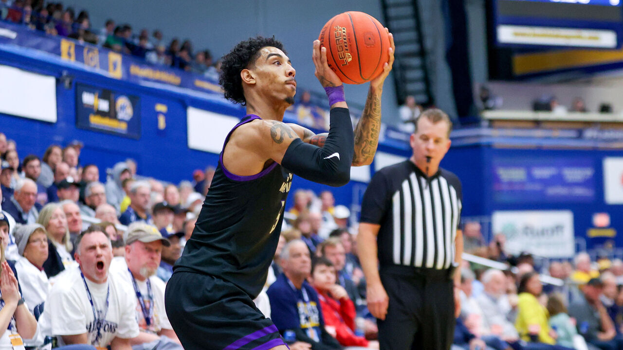 KENT, OH - NOVEMBER 09: James Madison Dukes guard Terrence Edwards (5) shoots during the first half of the college basketball game between the James Madison Dukes and Kent State Golden Flashes on November 9, 2023, at the Memorial Athletic and Convocation Center in Kent, OH.