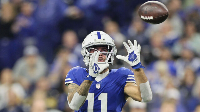 INDIANAPOLIS, INDIANA - DECEMBER 16: Michael Pittman Jr. #11 of the Indianapolis Colts catches a pass during the second quarter against the Pittsburgh Steelers at Lucas Oil Stadium on December 16, 2023 in Indianapolis, Indiana.