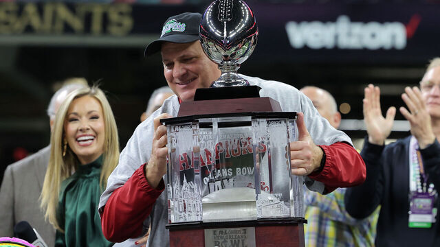 NEW ORLEANS, LOUISIANA - DECEMBER 16: Head coach Rich Rodriguez of the Jacksonville State Gamecocks holds the trophy after a win over the Louisiana-Lafayette Ragin Cajuns in the R+L Carriers New Orleans Bowl at Caesars Superdome on December 16, 2023 in New Orleans, Louisiana.