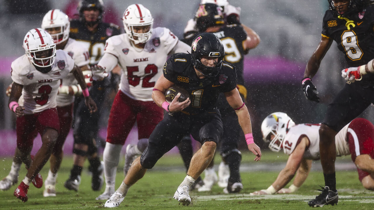 ORLANDO, FLORIDA - DECEMBER 16: Anderson Castle #1 of the Appalachian State Mountaineers carries the ball during the first quarter of The Avocados From Mexico Cure Bowl against the Miami (Oh) Redhawks at FBC Mortgage Stadium on December 16, 2023 in Orlando, Florida.