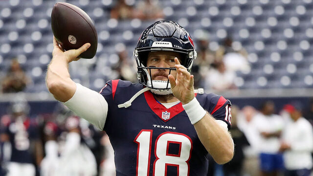 HOUSTON, TEXAS - OCTOBER 15: Case Keenum #18 of the Houston Texans warms up before the game against the New Orleans Saints at NRG Stadium on October 15, 2023 in Houston, Texas.