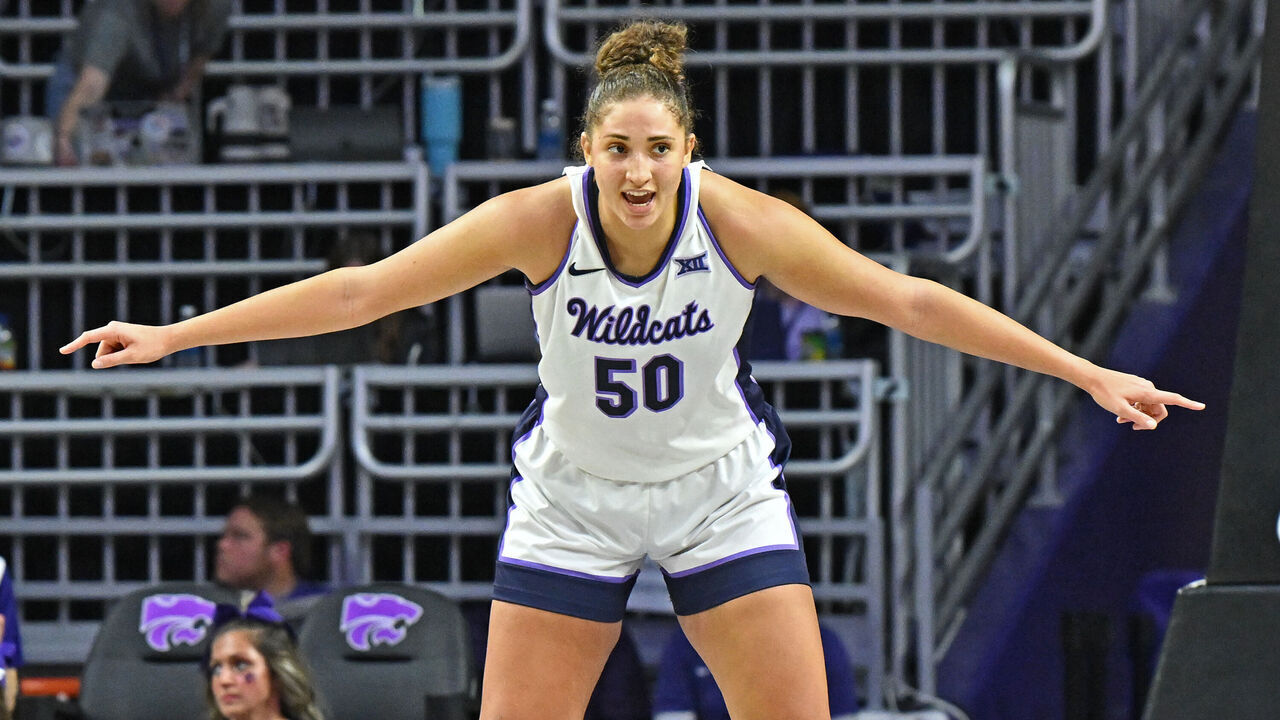 MANHATTAN, KS - NOVEMBER 19: Ayoka Lee #50 of the Kansas State Wildcats gets set on defense against the Wisconsin Badgers in the second half at Bramlage Coliseum on November 19, 2023 in Manhattan, Kansas.