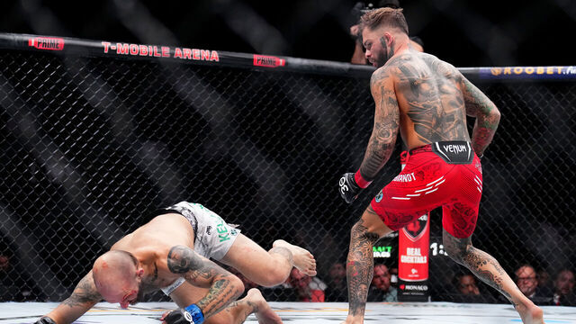 LAS VEGAS, NEVADA - DECEMBER 16: (R-L) Cody Garbrandt knocks down Brian Kelleher in a bantamweight fight during the UFC 296 event at T-Mobile Arena on December 16, 2023 in Las Vegas, Nevada.