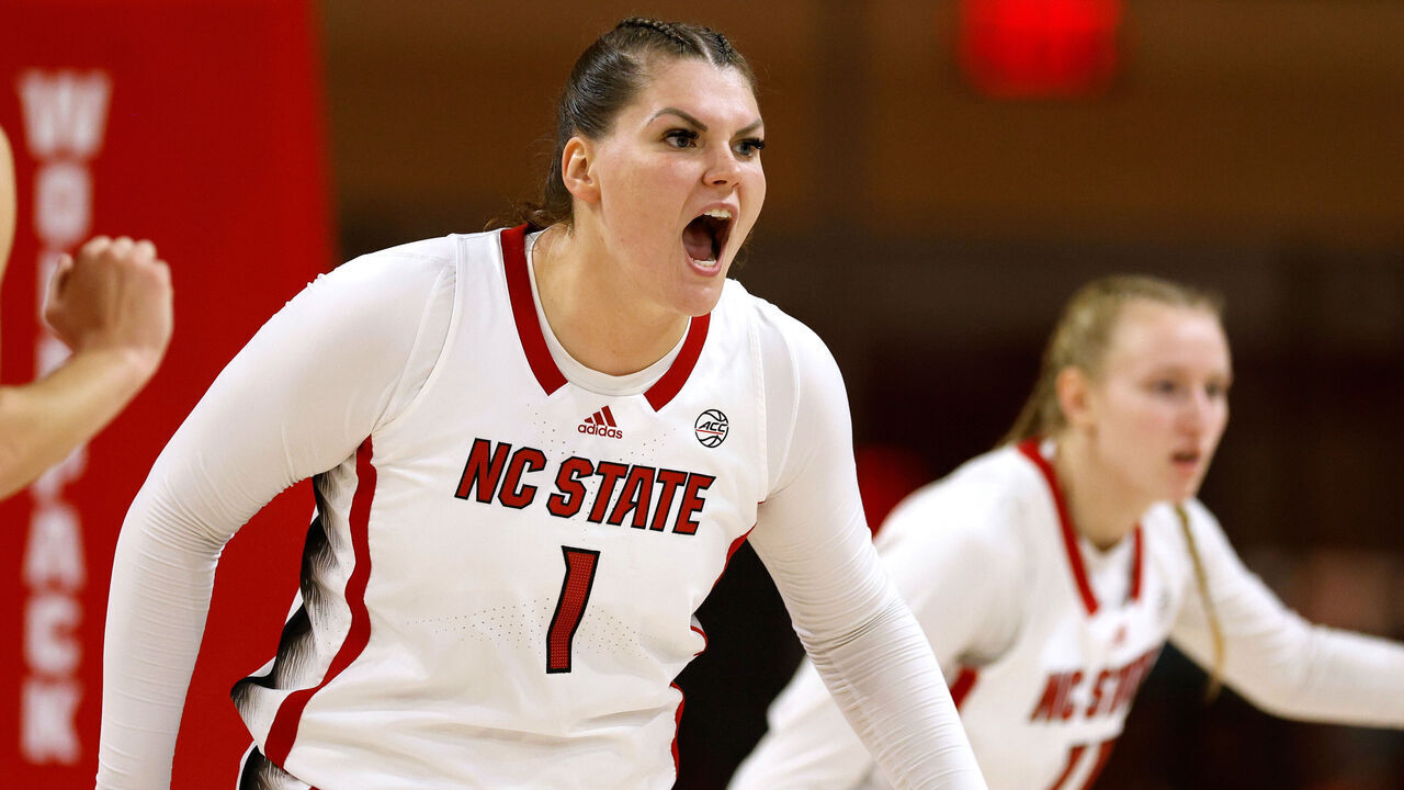 RALEIGH, NORTH CAROLINA - DECEMBER 10: River Baldwin #1 of the NC State Wolfpack reacts during the first half of the game against the Liberty Lady Flames at Reynolds Coliseum on December 10, 2023 in Raleigh, North Carolina.