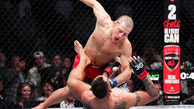 LAS VEGAS, NEVADA - DECEMBER 16: (L-R) Paddy Pimblett of England punches Tony Ferguson in a lightweight fight during the UFC 296 event at T-Mobile Arena on December 16, 2023 in Las Vegas, Nevada.