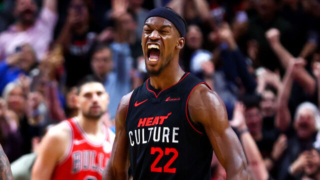 MIAMI, FLORIDA - DECEMBER 16: Jimmy Butler #22 of the Miami Heat reacts after making a game winning basket against the Chicago Bulls at Kaseya Center on December 16, 2023 in Miami, Florida.