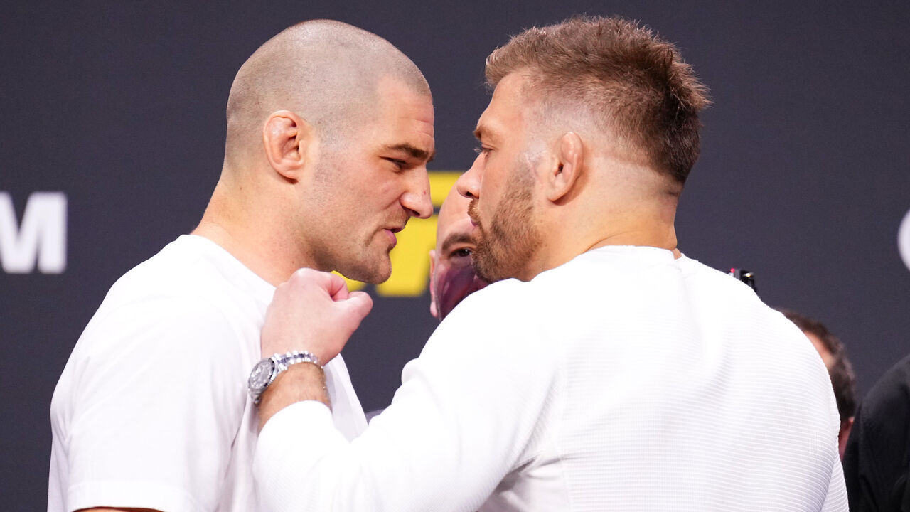 LAS VEGAS, NEVADA - DECEMBER 15: (L-R) Opponents Sean Strickland and Dricus Du Plessis face off during the UFC 2024 seasonal press conference at MGM Grand Garden Arena on December 15, 2023 in Las Vegas, Nevada.