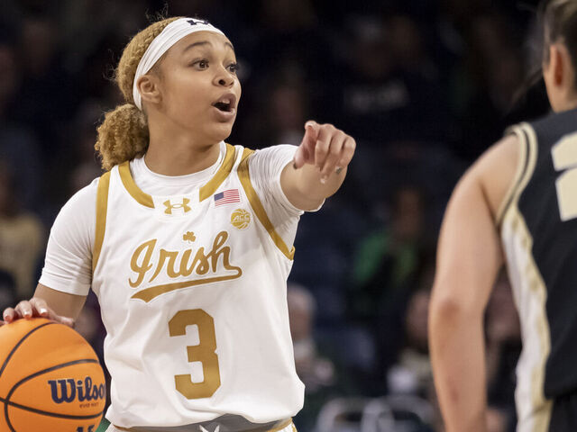 SOUTH BEND, IN - DECEMBER 17: Notre Dame Fighting Irish guard Hannah Hidalgo (3) dribbles the ball down court during a college basketball game between the Purdue Boilermakers and the Notre Dame Fighting Irish on December 17, 2023 at Purcell Pavilion in South Bend, Indiana.